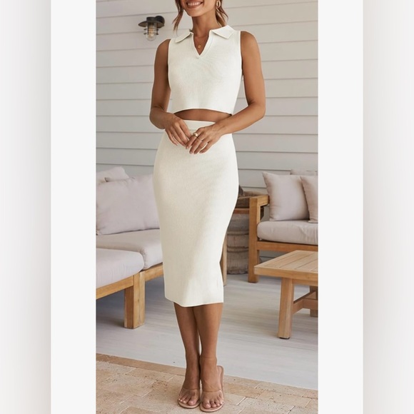 Cream Ribbed Knit Sleeveless Crop Top Bodycon Midi Skirt Set - Picture 7 of 10
